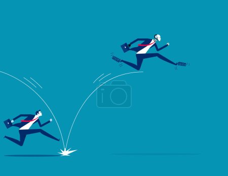 Illustration for Robot uses spring to jump in front of human. Business artificial intelligence concept - Royalty Free Image