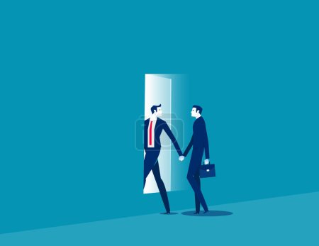 Illustration for Two person holding hands and walking through rectangular opening in wall. Business vector illustration - Royalty Free Image
