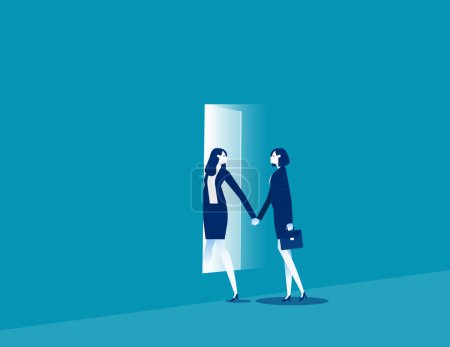Illustration for Two person holding hands and walking through rectangular opening in wall. Business vector illustration - Royalty Free Image