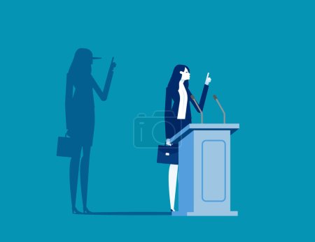 Illustration for Politician on a podium giving speech with his long nose shadows. Business liar vector illustratio - Royalty Free Image