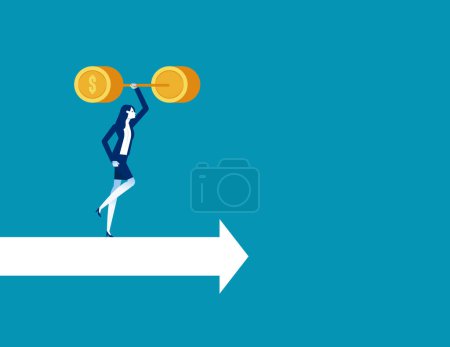 Illustration for Leader lifting weights and moving on arrow. Business vector illustratio - Royalty Free Image