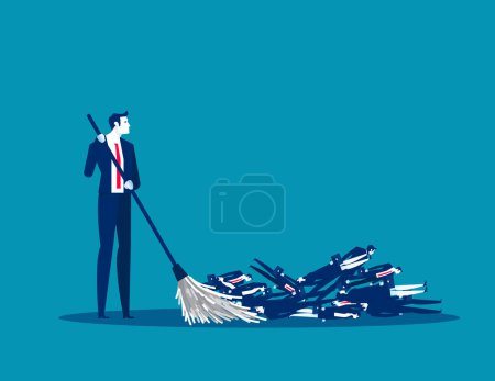 Illustration for Brooms to remove fired employee. Business layoffs vector illustratio - Royalty Free Image