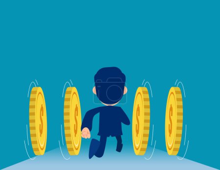 Illustration for Businessman run forward with coins. Business investor vector concep - Royalty Free Image