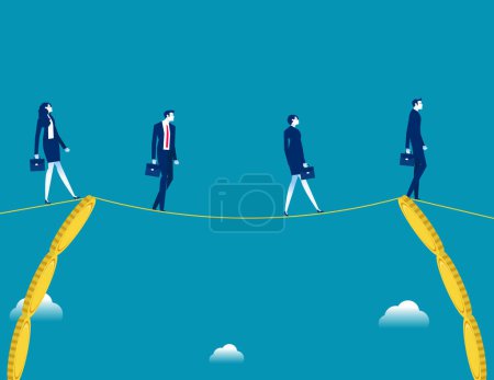 Illustration for Team walking a wire rope from one section of the pile of coins to the other end of the pile of coins. Business vector illustratio - Royalty Free Image