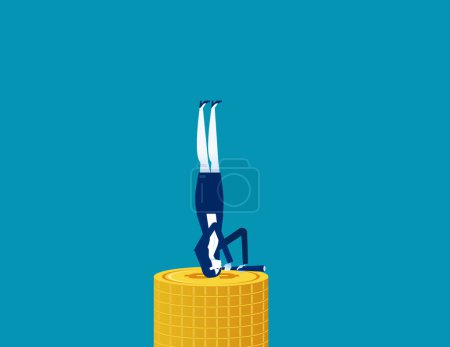 Illustration for Leadership holding binoculars upside down on top of stack of coins. Business vision vector illustratio - Royalty Free Image