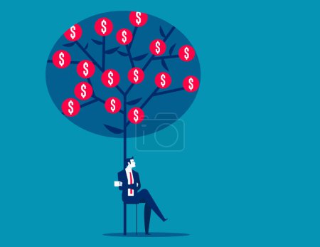 Illustration for Sitting down without pressure to rest under the money tree. Business investment vector illustratio - Royalty Free Image