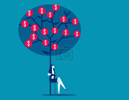 Illustration for Sitting down without pressure to rest under the money tree. Business investment vector illustratio - Royalty Free Image