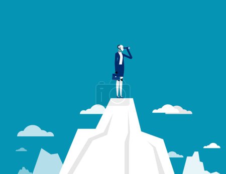 Illustration for Robot standing on top of the mountain using telescope looking for success. Artificial intelligence business vector illustratio - Royalty Free Image