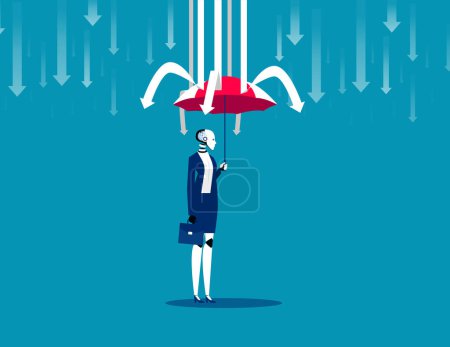 Illustration for Robot with umbrella the prevent arrows. Artificial intelligence business vector illustratio - Royalty Free Image