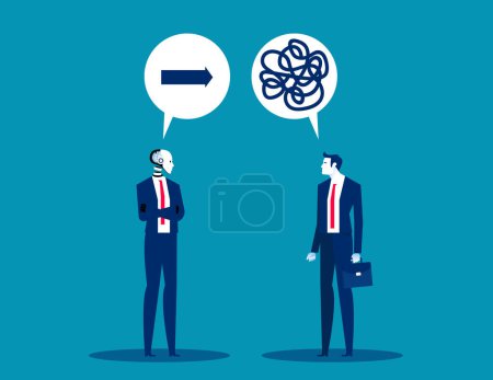 Illustration for Robot offering guidance to Human confused about direction. Artificial intelligence business vector illustratio - Royalty Free Image
