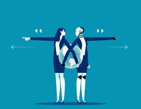 Illustration for Robot and Human pushing different direction. Artificial intelligence business vector illustratio - Royalty Free Image