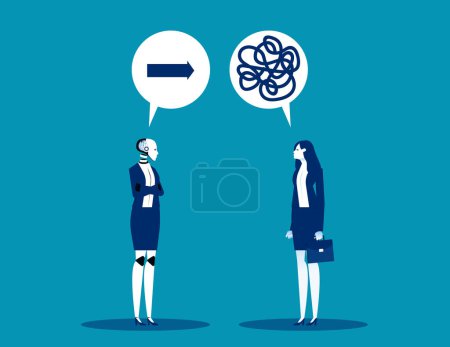 Illustration for Robot offering guidance to Human confused about direction. Artificial intelligence business vector illustratio - Royalty Free Image