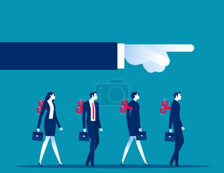 Illustration for Clockwork toy businesspeople walk in unison as big hand controls their direction. Business vector illustration concept - Royalty Free Image