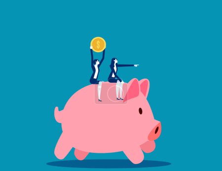 Illustration for People riding piggy bank. Business financial growth patches vector illustratio - Royalty Free Image