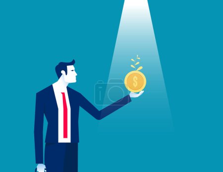 Illustration for Business person holding seedling coin in hand at sunlight. Business financial vector concep - Royalty Free Image