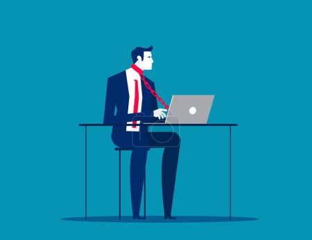Illustration for Business employee tied with chain to computer in office. Business job vector illustratio - Royalty Free Image