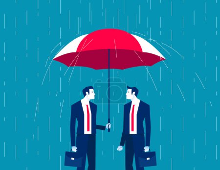 Illustration for Leader cover from rain with partner show help. Business assistance vector illustratio - Royalty Free Image