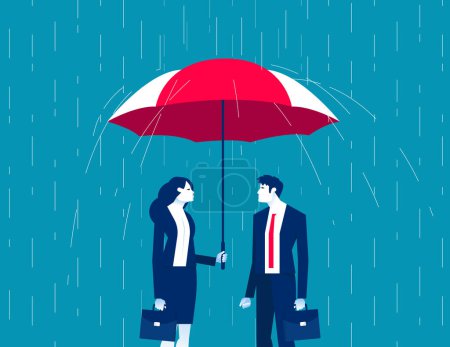 Illustration for Leader cover from rain with partner show help. Business assistance vector illustratio - Royalty Free Image