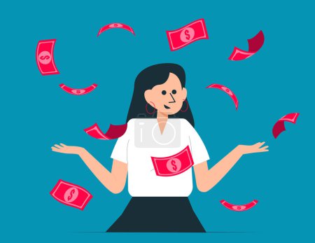 Illustration for Person standing money rain. Freedom ando Banknote vector concept - Royalty Free Image