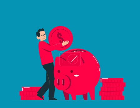 Illustration for Putting money into piggy bank. Saving vector concep - Royalty Free Image