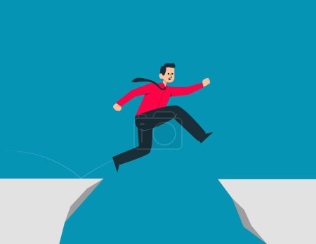 Illustration for Courageous jump over a gap from cliff. Vector illustration concep - Royalty Free Image