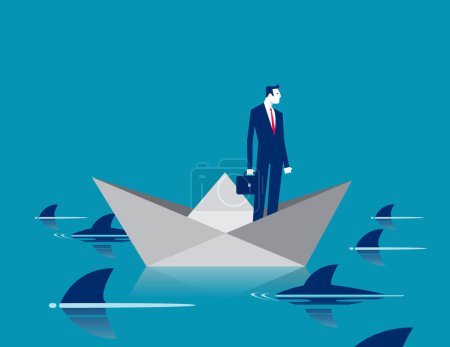 Téléchargez les illustrations : Personne debout sur un bateau d'origami entouré de requins. Concept d'illustration vectorielle - en licence libre de droit
