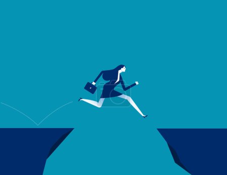 Illustration for Courageous jump over a gap from cliff. Vector illustration concep - Royalty Free Image