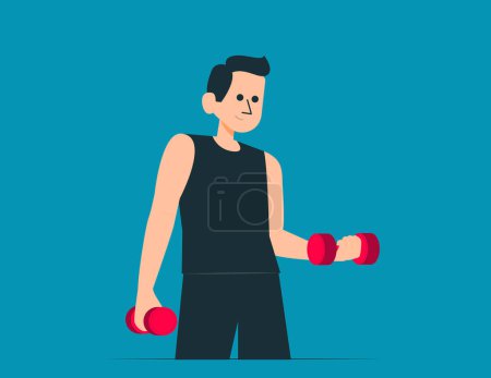 Illustration for Brunette fit man exercising with weights in hand. Vector concep - Royalty Free Image