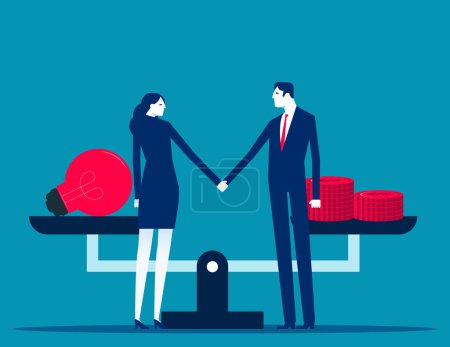 Illustration for Two business person shake hands to make a deal on the background of scale - Royalty Free Image