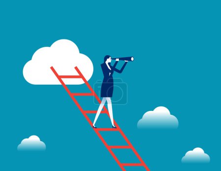 Illustration for Confidence executive businessman company leader standing on ladder of success using telescope for future visio - Royalty Free Image