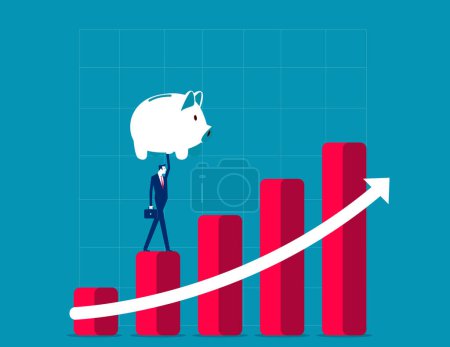 Illustration for Investor hold wealthy piggy bank walking up risign stock market bar graph. Growth stoc - Royalty Free Image