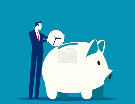 Ilustración de Persona de negocios ahorrar tiempo con alcancía. Ilustración vectorial concep - Imagen libre de derechos