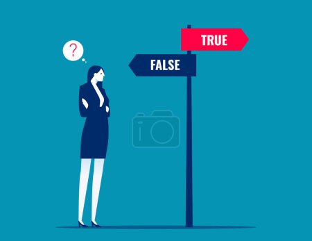 True and False vector concept. Businesswoman thinking about choosing the right directio