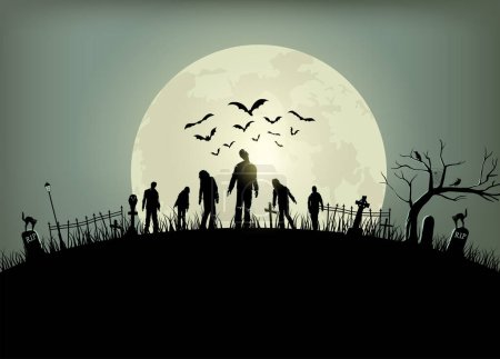 Halloween spooky night poster, Silhouette of zombies walking, Vector Illustration