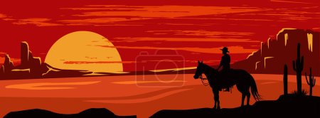 Illustration for Silhouette of lonesome cowboy riding horse at sunset, Vector Illustration - Royalty Free Image