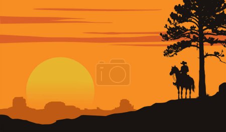 Illustration for Cowboy riding horse silhouette at sunset, Vector - Royalty Free Image