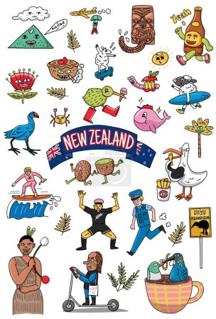 Illustration for Hand-drawn Illustration of New Zealand icons and characters - Royalty Free Image