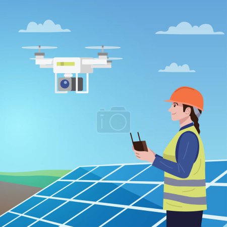 Photo for A female worker uses a drone to maintain a solar cell. - Royalty Free Image