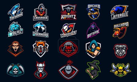 Illustration for E-sport Logo Design Bundle Set , symbol, icon collection set with Wolf, shark, knight, warrior, animal, wolf, tiger and other - Royalty Free Image