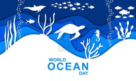 Téléchargez les illustrations : Affiche bannière Journée mondiale de l'océan. Papier découpé sous-marin fond vecteur. - en licence libre de droit