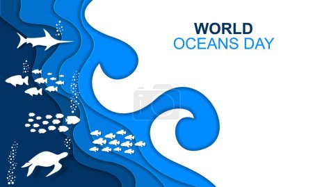 Téléchargez les illustrations : Journée mondiale de l'océan Cover Banner. Papier découpé Natation Poissons sous-marins fond vecteur. - en licence libre de droit