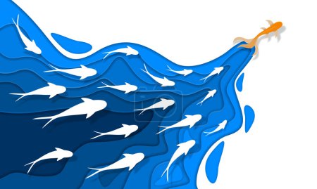 Téléchargez les illustrations : Affiche bannière Journée mondiale de l'océan. Natation Poisson Papier coupé sous-marin fond vecteur. - en licence libre de droit