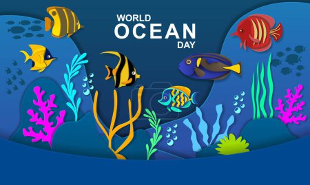 Téléchargez les illustrations : Aquarium d'eau salée Couverture de la Journée mondiale de l'océan Contexte. Papier découpé sous-marin fond vecteur. - en licence libre de droit