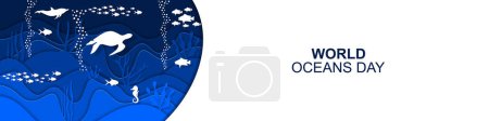 Téléchargez les illustrations : Bannière de vague sous-marine Conception de journée mondiale des océans avec océan, illustration vectorielle. - en licence libre de droit