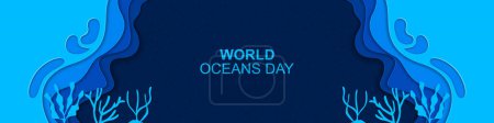 Téléchargez les illustrations : Journée mondiale des océans Bannière Conception des vagues sous-marines avec océan, illustration vectorielle. - en licence libre de droit