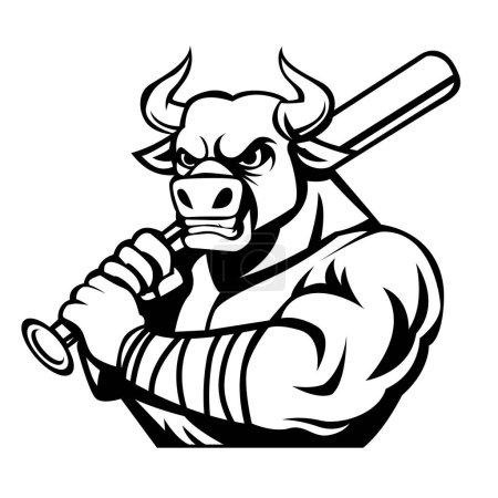 Illustration for Baseball Bull mascot drawing black and white vector - Royalty Free Image