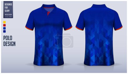 Blue polo shirt mockup template design for soccer jersey, football kit, golf, tennis, sportswear. Geomatic pattern design. Sport uniform in front view, back view. Vector Illustration.
