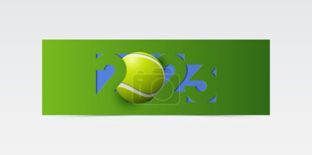 Illustration for Happy New Year 2023 banner template design with tennis ball and decoration for tennis or sport industry concept. Greeting banner for New Year in paper cut style. Vector illustration. - Royalty Free Image