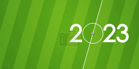 Illustration for Happy New Year 2023 banner template design with classic soccer ball and decoration for soccer or football industry concept. Sport banner for New Year in paper cut style. Vector illustration. - Royalty Free Image