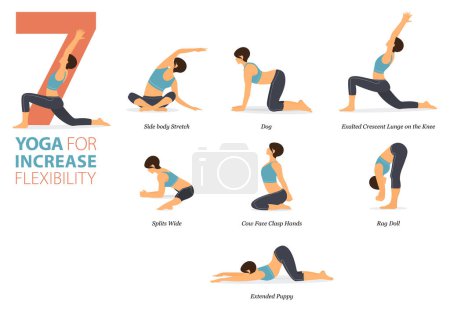 Ilustración de Infographic  7 Yoga poses for workout at home in concept of increase flexibility in flat design. Women exercising for body stretching. Yoga posture or asana for fitness infographic. Flat Cartoon Vector Illustration. - Imagen libre de derechos